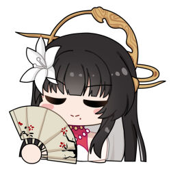 1girl bare_shoulders black_hair chibi chibi_only chinese_commentary closed_eyes closed_mouth collar commentary_request euyueuy flower folding_fan hair_flower hair_ornament hand_fan holding holding_fan long_hair mole mole_under_mouth official_alternate_costume official_art punishing:_gray_raven qu:_pavo_(scarlet_spring)_(pgr) qu_(pgr) red_collar simple_background solo upper_body white_background white_flower