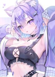 Rule 34 | 1girl, absurdres, ahoge, animal ear fluff, animal ears, armpits, arms up, bandaid, bandaid on arm, bandaid on stomach, bare shoulders, belt, black belt, black choker, black nails, black tank top, breasts, cat ears, cat girl, choker, cleavage, commentary request, crop top, cross, cross-laced clothes, cross-laced top, cross necklace, hair between eyes, hair ornament, hairclip, heart, highres, hololive, jacket, jewelry, medium breasts, midriff, nail polish, navel, necklace, nekomata okayu, open clothes, open jacket, piyokuma, purple eyes, purple hair, purple jacket, short hair, solo, tank top, tongue, tongue out, upper body, virtual youtuber, x hair ornament