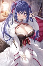 Rule 34 | bed, blue hair, blush, breasts, bridal gauntlets, cleavage, dress, gloves, hair between eyes, hair ribbon, hand in own hair, hand on own knee, highres, indoors, jewelry, large breasts, long hair, long sleeves, looking at viewer, on bed, pink eyes, red ribbon, ribbon, ring, sidelocks, sitting, tensai ouji no akaji kokka saiseijutsu, twintails, upper body, white dress, white gloves, xe (execut3r), zenovia marden