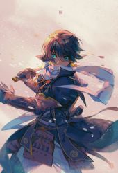 Rule 34 | 1boy, action, aqua eyes, arm guards, armor, attack, blue scarf, brown hair, coat, covered mouth, cowboy shot, earrings, glowing, glowing eyes, highres, holding, holding sword, holding weapon, horikawa kunihiro, incoming attack, japanese armor, japanese clothes, jewelry, light trail, looking at viewer, male focus, motion blur, pants, red ribbon, ribbon, scarf, scarf over mouth, solo, sword, touken ranbu, unsheathed, weapon, yusa azusa