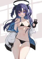 Rule 34 | 1girl, absurdres, alternate costume, bikini, black bikini, black gloves, blue archive, blush, breasts, cleavage, collarbone, etesumsom, feet out of frame, gloves, halo, highres, jacket, jacket partially removed, looking at viewer, medium breasts, micro bikini, multicolored clothes, multicolored jacket, navel, purple eyes, purple hair, sideboob, solo, speech bubble, stomach, string bikini, sweatdrop, swimsuit, two-tone jacket, two side up, underboob, yuuka (blue archive)