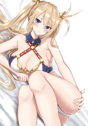 Rule 34 | 1girl, armpits, ass, bare arms, bare legs, bare shoulders, bed sheet, bikini, blonde hair, blue bikini, blue eyes, blush, bradamante (fate), bradamante (third ascension) (fate), braid, breasts, cleavage, closed mouth, collarbone, commentary request, criss-cross halter, detached collar, dutch angle, fate/grand order, fate (series), feet out of frame, hair between eyes, hair ornament, hair spread out, halterneck, hand on own ass, highres, large breasts, long hair, looking at viewer, lying, on side, piripun, reclining, sidelocks, smile, solo, swimsuit, thighs, twintails, very long hair, white background