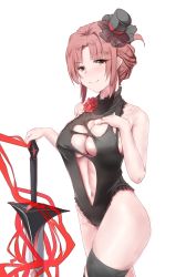 Rule 34 | 1girl, absurdres, black headwear, black leotard, black thighhighs, blush, breasts, cleavage, closed mouth, highres, holding, holding sword, holding weapon, honkai (series), honkai impact 3rd, leotard, looking at viewer, murata himeko, murata himeko (blood rose), navel, red hair, simple background, single thighhigh, smile, solo, sword, thighhighs, tiankong pie ai, weapon, white background, yellow eyes