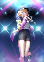 Rule 34 | 1girl, baseball cap, black hat, black shorts, blonde hair, blouse, blue eyes, blunt bangs, braid, green footwear, hat, highres, holding, holding microphone, jacket, long hair, looking at viewer, microphone, multicolored clothes, multicolored jacket, paripi koumei, shirt, shoes, shorts, sneakers, solo, stage lights, tim86231, tsukimi eiko, twin braids, white shirt