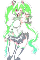 Rule 34 | 1girl, bad id, bad pixiv id, breasts, covered erect nipples, detached sleeves, green hair, hatsune miku, headset, highres, large breasts, long hair, microphone, navel, necktie, one eye closed, red eyes, simple background, sketch, skirt, solo, thighhighs, twintails, very long hair, vocaloid, white background, whoosaku, wink