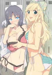 Rule 34 | 2girls, arm around back, ass, asymmetrical docking, bare shoulders, blonde hair, blue eyes, blunt bangs, blush, bow, bow bra, bra, bra on head, bra pull, breast press, breasts, butt crack, cleavage, clothes pull, collarbone, covering own mouth, grabbing, grabbing another&#039;s breast, green bra, green eyes, green panties, grey hair, grey skirt, groin, hair bow, hair ornament, hairclip, highres, lace, lace-trimmed bra, lace-trimmed panties, lace trim, large breasts, linea alba, locker, locker room, long hair, looking at viewer, messy hair, multiple girls, navel, object on head, official art, open clothes, open mouth, open shirt, panties, patch, patchwork clothes, pink bra, pink panties, senran kagura, senran kagura shinovi versus, senran kagura shoujo-tachi no shin&#039;ei, shirt, short hair, side-tie panties, skirt, smile, standing, string panties, striped bow, striped bra, striped clothes, striped panties, teeth, tongue, underwear, underwear only, undressing, undressing another, unworn bra, upper teeth only, vertical-striped bra, vertical-striped clothes, vertical-striped panties, wardrobe malfunction, white bow, white shirt, yaegashi nan, yomi (senran kagura), yumi (senran kagura), yuri