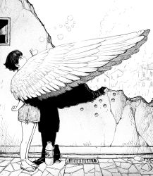 Rule 34 | 1girl, arm behind back, blowing bubbles, child, feathered wings, from side, grate, greyscale, hand up, highres, monochrome, original, profile, sandals, sewer grate, short hair, soap bubbles, solo, standing, wings, y naf