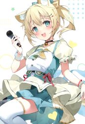 Rule 34 | 1girl, :d, absurdres, animal ear fluff, animal ears, blonde hair, blue eyes, blue nails, blush, extra ears, frilled sleeves, frills, hair ornament, hana mori, heart, heart hair ornament, highres, holding, holding microphone, hololive, kazama iroha, looking at viewer, microphone, open mouth, ponytail, puffy short sleeves, puffy sleeves, scan, short sleeves, skirt hold, smile, solo, thighhighs, virtual youtuber, white thighhighs