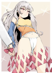 Rule 34 | 1girl, arm at side, arm behind back, bare shoulders, border, bow, breasts, closed mouth, cowboy shot, detached sleeves, from below, fundoshi, grey hair, hair between eyes, hatchet, holding, japanese clothes, long hair, looking down, medium breasts, mepikari, multicolored clothes, nata (tool), navel, outside border, red eyes, reverse outfit, sakata nemuno, shirt, sidelocks, skirt, solo, standing, stomach, sweat, touhou, white border