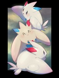 Rule 34 | :&gt;, ^ ^, absurdres, black border, blush, border, closed eyes, closed mouth, commentary request, creatures (company), closed eyes, game freak, gen 4 pokemon, highres, multiple views, nintendo, no humans, nullma, pokemon, pokemon (creature), purple eyes, smile, togekiss