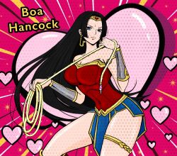 Rule 34 | 1girl, absurdres, bare shoulders, black hair, blue eyes, boa hancock, breasts, character name, cleavage, closed mouth, cosplay, dc comics, earrings, hair ornament, heart, highres, large breasts, long hair, one piece, rocckart, skirt, snake earrings, thighs, tiara, very long hair, wonder woman, wonder woman (cosplay)