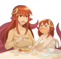 Rule 34 | 2girls, breasts, collarbone, commentary, commission, cup, english commentary, fang, food, fork, hair between eyes, hair ornament, hairclip, highres, lamia, long hair, medium breasts, miia (monster musume), mika (miiafag), monster girl, monster musume no iru nichijou, mother and daughter, multiple girls, open mouth, original, plate, pointy ears, red hair, scales, simple background, slit pupils, sookmo, spill, sweater, tears, white background, xo, yellow eyes