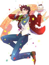 Rule 34 | 1boy, alternate costume, artist name, banner, battle tendency, belt, birthday, birthday cake, blue eyes, blue pants, brown footwear, brown hair, cake, collared shirt, commentary request, confetti, eating, fireworks, food, food on face, full body, green necktie, green socks, happy birthday, highres, holding, holding cake, holding food, jacket, jojo no kimyou na bouken, joseph joestar, joseph joestar (young), jumping, looking at viewer, male focus, necktie, pants, red jacket, shirt, short hair, signature, simple background, smile, socks, solo, sparkler, striped necktie, suit jacket, two-sided fabric, two-sided jacket, utensil in mouth, waistcoat, white background, zino