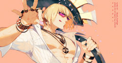Rule 34 | 1boy, :q, axe, belt, between fingers, blonde hair, bob cut, commentary request, fate/apocrypha, fate/grand order, fate (series), flower, grin, highres, holding, holding axe, holding petal, holding weapon, jewelry, large pectorals, long sleeves, looking at viewer, male focus, muscular, muscular male, necklace, over shoulder, pectoral cleavage, pectorals, petals, pink flower, purple-tinted eyewear, sakata kintoki (fate), semi (p-poco), shirt, short hair, simple background, smile, solo, sunglasses, tinted eyewear, tongue, tongue out, upper body, weapon, weapon over shoulder
