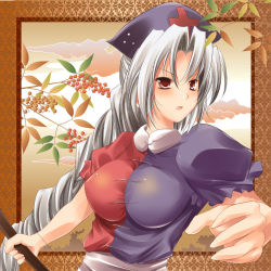 Rule 34 | 1girl, bow (weapon), breasts, female focus, hat, large breasts, long hair, maki (seventh heaven maxion), nature, plant, silver hair, sky, solo, touhou, upper body, weapon, yagokoro eirin