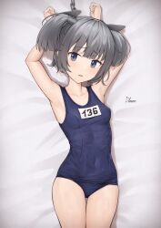 Rule 34 | 1girl, armpits, arms up, blue one-piece swimsuit, bound, bound wrists, breasts, chain, covered navel, cowboy shot, driftkingtw, grey eyes, grey hair, headgear, highres, i-36 (kancolle), kantai collection, looking at viewer, lying, name tag, old school swimsuit, one-piece swimsuit, restrained, school swimsuit, short hair, small breasts, solo, swimsuit, thigh gap, twintails
