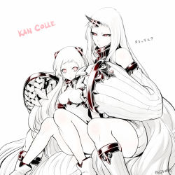 Rule 34 | 10s, 2girls, abyssal ship, airfield princess, bare shoulders, claws, detached sleeves, dress, glowing, glowing eyes, highres, horns, kantai collection, long hair, misawa kei, multiple girls, pale skin, red eyes, seaport princess, short dress, single horn, very long hair, white hair