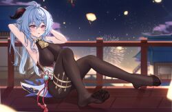 Rule 34 | 1girl, :p, absurdres, ahoge, armpits, arms up, blue hair, bodystocking, breasts, commentary, ganyu (genshin impact), genshin impact, highres, horns, knees up, large breasts, long hair, looking at viewer, night, night sky, no shoes, outdoors, purple eyes, radoremo, railing, sky, solo, thighs, tongue, tongue out, very long hair