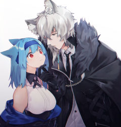 Rule 34 | 1boy, 1girl, animal ears, arknights, blue hair, breasts, doctor (arknights), female doctor (arknights), fur collar, hand on another&#039;s chin, headband, highres, leopard ears, long coat, medium breasts, red eyes, rirene rn, silverash (arknights), sleeveless, touching another&#039;s chin, white hair