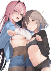 Rule 34 | 2girls, absurdres, black jacket, black shorts, blue jacket, blue shorts, bra, breasts, brown eyes, brown hair, copyright name, cover, covered navel, cowboy shot, grey bra, hair between eyes, hair intakes, highres, jacket, large breasts, long hair, midriff, multiple girls, open clothes, open jacket, open mouth, original, pantyhose, pink eyes, pink hair, shin no tenpii, short hair, short shorts, shorts, small breasts, stomach, underboob, underwear