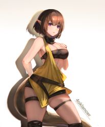 Rule 34 | 1girl, absurdres, arknights, bandeau, bare shoulders, belt, black belt, black hair, commentary request, cowboy shot, drop shadow, eunectes (arknights), gradient background, highres, looking at viewer, midriff, parted lips, pointy ears, purple eyes, short hair, snake tail, solo, strapless, tail, thigh strap, thighs, tube top, yu ruo
