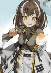 Rule 34 | + +, 1girl, arknights, bob cut, breasts, brown hair, drone, earrings, food, highres, jewelry, licking lips, magallan (arknights), magallan (elite ii) (arknights), medium breasts, ribbed sweater, shaved ice, shoujo l, single earring, spoon, sweater, tongue, tongue out, yellow eyes
