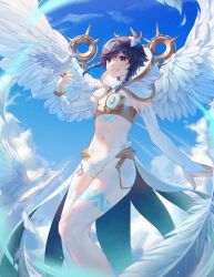 Rule 34 | 1boy, absurdres, aqua eyes, bird, black hair, blue hair, blue sky, braid, bridal gauntlets, capelet, chabi009, chest tattoo, cloud, commentary, cowboy shot, crop top, day, falling feathers, feathered wings, feathers, flower, genshin impact, gold trim, gradient hair, grin, groin, hair flower, hair ornament, highres, hood, hood down, hooded capelet, leg tattoo, looking at viewer, male focus, midriff, multicolored hair, navel, official alternate costume, shirt, short hair with long locks, short shorts, shorts, side braids, sidelocks, single thighhigh, sky, sleeveless, sleeveless shirt, smile, solo, swept bangs, tattoo, teeth, thighhighs, twin braids, venti (archon) (genshin impact), venti (genshin impact), waist cape, white capelet, white flower, white shirt, white shorts, white thighhighs, white wings, wings