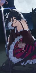 Rule 34 | 1girl, animal ears, backless outfit, black hair, black thighhighs, blue eyes, blue footwear, blurry, blurry foreground, blush, bodice, breasts, castle, clothing cutout, detached sleeves, eishin flash (umamusume), full moon, glint, hair between eyes, high heels, highres, horse ears, horse girl, horse tail, knees up, looking at viewer, looking back, medium breasts, moon, night, ningen gokko, outdoors, petticoat, planted, planted sword, planted weapon, short hair, sitting, skirt, sky, solo, star (sky), starry sky, sword, tail, tail through clothes, thighhighs, umamusume, weapon
