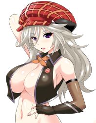 Rule 34 | 10s, 1girl, alisa ilinichina amiella, arm up, bare shoulders, breasts, cabbie hat, fingerless gloves, gloves, god eater, god eater burst, hand on own hip, hat, highres, huge breasts, konno tohiro, long hair, navel, silver hair, simple background, solo, underboob, white background