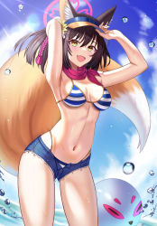 Rule 34 | 1girl, :d, absurdres, animal ear fluff, animal ears, armpits, arms up, bare arms, bikini, bikini under clothes, black hair, blue archive, blue shorts, blue sky, breasts, cat ears, cleavage, day, denim, denim shorts, fang, flower, hair between eyes, hair flower, hair ornament, highleg, highleg bikini, highres, izuna (blue archive), izuna (swimsuit) (blue archive), long hair, medium breasts, melreon, micro shorts, navel, ocean, open mouth, outdoors, shiny skin, shorts, sideboob, skin fang, sky, smile, solo, striped bikini, striped clothes, sunlight, swimsuit, visor cap, yellow eyes, yellow flower