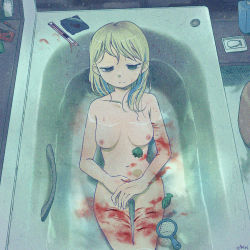 Rule 34 | 1girl, artist name, bad id, bad pixiv id, bath, bath toy, bathtub, blonde hair, blood, blue eyes, breasts, completely nude, covering crotch, covering privates, depressed, fish, fishing net, food, fruit, guro, half-closed eyes, indoors, kihachisu, knife, medium breasts, messy hair, navel, net, nipples, noise, nude, original, own hands together, partially submerged, sad, scar, scar on arm, scar on leg, self-harm, sitting, soap, solo, strawberry, water, wrapper, wrist cutting