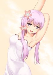 Rule 34 | 1girl, absurdres, alternate costume, arm behind head, armpits, arms up, bare shoulders, blush, breasts, collarbone, covered erect nipples, dress, eyebrows, flower, frills, hair flower, hair ornament, highres, leaning to the side, looking at viewer, medium breasts, open mouth, purple eyes, purple hair, satoshi (guardianoracle), short hair with long locks, solo, strapless, strapless dress, tongue, upper body, v4x, vocaloid, voiceroid, white dress, yuzuki yukari, yuzuki yukari (onn), yuzuki yukari (vocaloid4)