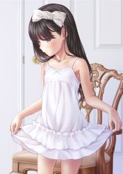 Rule 34 | 1girl, aoi kumiko, armpits, bare shoulders, black eyes, black hair, blush, bow, chair, child, closed mouth, dress, hair bow, highres, indoors, long hair, looking at viewer, original, skirt hold, sleeveless, sleeveless dress, smile, solo, standing, white bow, white dress