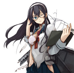 Rule 34 | 10s, 1girl, aircraft catapult, black hair, blue eyes, bra, damaged, enu (roco roco44), glasses, hairband, hip vent, kantai collection, long hair, lowres, no panties, one eye closed, ooyodo (kancolle), quill, radio antenna, school uniform, serafuku, simple background, skirt, solo, torn clothes, underwear