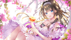Rule 34 | 1girl, :d, animal, animal on chest, blue eyes, breasts, brown hair, cat, clothing cutout, cup, dress, ekouji ruri, flower, hair flower, hair ornament, headdress, highres, holding, liver city, long hair, looking at viewer, medium breasts, open mouth, purple dress, sakura moyon, shoulder cutout, sitting, smile, solo, teacup