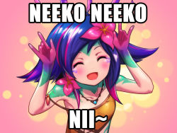 Rule 34 | 1girl, ^ ^, bare shoulders, blue hair, blush, bodypaint, closed eyes, english text, flower, hair flower, hair ornament, highres, league of legends, lizard tail, love live!, love live! school idol project, m/, name connection, navel, neeko (league of legends), nico nico nii, open mouth, parody, phantom ix row, pink background, pink hair, simple background, smile, solo, strap slip, tail, text focus, upper body