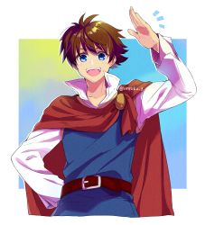 Rule 34 | 1boy, belt, belt buckle, blue eyes, blue tunic, border, brown belt, brown hair, buckle, bartz klauser, cape, collared shirt, final fantasy, final fantasy v, gradient background, hair between eyes, hand on own hip, highres, long sleeves, looking at viewer, male focus, open mouth, popped collar, red cape, sanroku 3, shirt, short hair, smile, solo, teeth, twitter username, upper body, upper teeth only, waving, white shirt