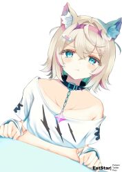 Rule 34 | 1girl, animal ear fluff, animal ears, aties20, black collar, blonde hair, blue eyes, blush, breasts, collar, cropped shirt, dog ears, dog girl, hair ornament, hololive, hololive english, looking at viewer, medium hair, mococo abyssgard, mococo abyssgard (1st costume), multicolored hair, pink hair, shirt, sidelocks, small breasts, spiked collar, spikes, streaked hair, virtual youtuber, white background, white shirt, x hair ornament