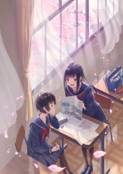 Rule 34 | 2girls, absurdres, bag, black footwear, black legwear, blue eyes, blue sailor collar, blue serafuku, blue skirt, brown hair, chair, cherry blossoms, classroom, closed mouth, commentary request, curtains, day, desk, eraser, falling petals, highres, holding, holding pencil, indoors, loafers, long hair, long sleeves, michinoku (hiking miusan18), multiple girls, neckerchief, open mouth, original, pantyhose, pencil, pencil case, petals, pleated skirt, purple eyes, purple hair, red neckerchief, sailor collar, school bag, school chair, school desk, school uniform, serafuku, shoes, short hair, sideways mouth, sitting, skirt, smile, standing, tree