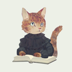 Rule 34 | animal, animal focus, aqua background, aqua eyes, black shirt, book, brown cat, cat, clothed animal, collar, frilled collar, frilled shirt, frills, highres, kitten, long sleeves, looking to the side, no humans, open book, original, shirt, simple background, slit pupils, tabby cat, tail, tono (rt0no), upper body