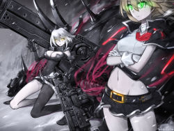 Rule 34 | 2girls, ahoge, animal ears, arc system works, artist request, bare shoulders, blazblue, blonde hair, breasts, cape, company connection, crossed arms, crossover, dark persona, dress, elphelt valentine, girls&#039; frontline, gloves, glowing, glowing eyes, green eyes, guest character, guilty gear, guilty gear xrd, gun, hair ornament, large breasts, long hair, miniskirt, multiple crossover, multiple girls, noel vermillion, pantyhose, rabbit ears, shiny clothes, short hair with long locks, shotgun, skirt, thighhighs, weapon, wedding dress, white hair, yellow eyes
