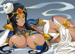 Rule 34 | 1girl, aqua eyes, bandages, bandaged arm, bandaged hand, bandages, black hair, breasts, cleavage, commentary request, dark skin, dark-skinned female, facial mark, fate/grand order, fate (series), hand on own head, hat, jewelry, large breasts, lips, long hair, lying, on side, pelvic curtain, ring, scheherazade (fate), smile, smoke, solo, very long hair, yukiyanagi