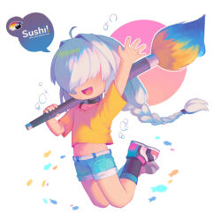 Rule 34 | 1girl, ahoge, air bubble, aqua shorts, belly, black socks, braid, bubble, fish, full body, giant brush, hair over eyes, holding, holding paintbrush, jumping, looking at viewer, makorie, multicolored footwear, open mouth, original, paintbrush, shirt, shoes, short sleeves, shorts, simple background, smile, sneakers, socks, speech bubble, waving arm, white background, white hair, yellow shirt