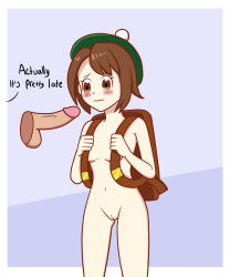 Rule 34 | 1girl, backpack, bag, blush, breasts, brown eyes, brown hair, creatures (company), disembodied penis, english text, eyebrows, game freak, gloria (pokemon), hat, hesyph (artist), highres, matching hair/eyes, nintendo, nude, penis, pokemon, pokemon swsh, pussy, short hair, solo, text focus, uncensored