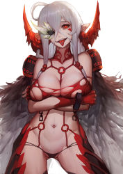 Rule 34 | 1girl, ahoge, bare shoulders, breast hold, breasts, cleavage, collarbone, commentary request, crossed arms, feather hair, fingerless gloves, gloves, gods (1073337800), highres, horns, large breasts, long hair, missing eye, navel, open mouth, original, piercing, pointy ears, red eyes, red gloves, rope, seven deadly sins, shibari, silver hair, slit pupils, smile, solo, standing, tongue, tongue out, tongue piercing, torn clothes, very long hair