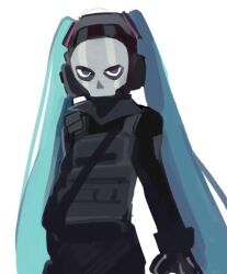 Rule 34 | 1girl, armor, black gloves, blue eyes, blue hair, bulletproof vest, call of duty, call of duty: modern warfare 2, cosplay, ghost (modern warfare 2), gloves, hatsune miku, hatsune miku (cosplay), long hair, mask, modercated, skull mask, twintails, very long hair, vocaloid, white background