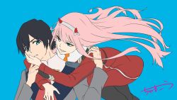 Rule 34 | 10s, 1boy, 1girl, black hair, black pantyhose, blue eyes, chama kou, commentary request, couple, darling in the franxx, green eyes, hand on another&#039;s face, hetero, highres, hiro (darling in the franxx), holding another&#039;s arm, horns, hug, hug from behind, long hair, looking at another, military, military uniform, necktie, oni horns, orange neckwear, pantyhose, pink hair, red neckwear, short hair, signature, uniform, zero two (darling in the franxx)