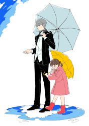 Rule 34 | 1boy, 1girl, :d, bad id, bad pixiv id, black footwear, black jacket, black pants, blunt bangs, boots, brown eyes, brown hair, child, closed mouth, coat, collared shirt, doujima nanako, dress shirt, full body, grey eyes, grey hair, height difference, holding, holding umbrella, hood, hood down, jacket, long sleeves, narukami yuu, open clothes, open jacket, open mouth, pants, persona, persona 4, pink coat, puddle, raincoat, red footwear, rubber boots, school uniform, shirt, short hair, short twintails, smile, standing, twintails, umbrella, white shirt, yasogami school uniform, yasuu!