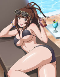 Rule 34 | 1girl, :d, ass, bare arms, bare legs, bikini, black bikini, blunt bangs, bracelet, breasts, brown eyes, brown hair, cleavage, cocktail glass, cup, drinking glass, drinking straw, eyewear on head, jewelry, large breasts, long hair, lotion bottle, lying, navel, on side, open mouth, ponytail, poolside, shiny skin, sideboob, smile, solo, sunglasses, swimsuit, underboob, yagyu mitsuyoshi