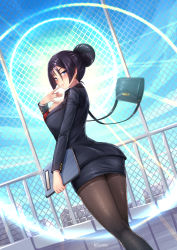 Rule 34 | 1girl, adsouto, alternate costume, bag, blue sky, breasts, business suit, chain-link fence, cleavage, closed mouth, commentary, day, dutch angle, earrings, english commentary, fate/grand order, fate (series), fence, finger to mouth, formal, from behind, hair bun, hair up, handbag, highres, holding, holding notebook, jacket, jewelry, large areolae, large breasts, lens flare, looking to the side, minamoto no raikou (fate), miniskirt, notebook, office lady, outdoors, pantyhose, parted bangs, pencil skirt, purple eyes, purple hair, railing, red shirt, shirt, sidelocks, single hair bun, skirt, sky, smile, standing, suit, suit jacket, sunlight